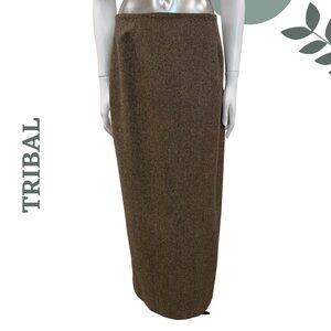 Tribal Wool-Blend Maxi Skirt Brown Faux Zipper Rear Slit Detail – Size 8